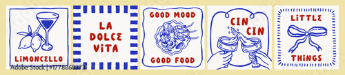 Doodle-style Dolce Vita card designs with Italian holiday, line sketch drawings. Limoncello, pasta, food, lemon, cocktail and seafood with typography. Hand-drawn retro vector illustrations set