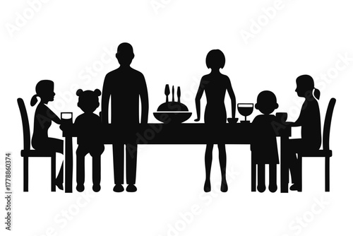 Family reunion dinner silhouette vector illustration 