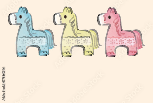 年賀2026年　干支　午年　馬の北欧風モチーフ　水彩　手描き　年賀状デザイン　イラスト素材