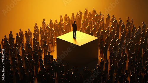 Crowd gathers around speaker standing on pedestal against warm golden background in vibrant atmosphere