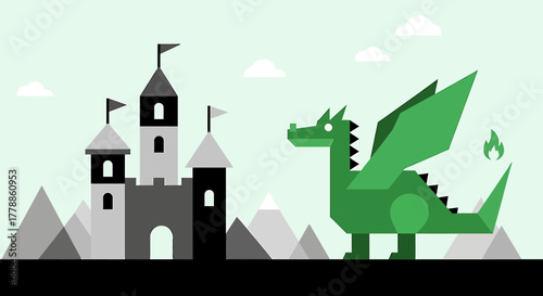 Fantasy illustration A green dragon stands beside a castle, flat design, vector graphics