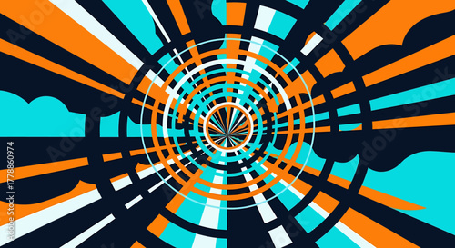Vibrant abstract radial pattern with dynamic lines and geometric shapes, a mesmerizing visual of an energetic digital explosion in orange and blue tones