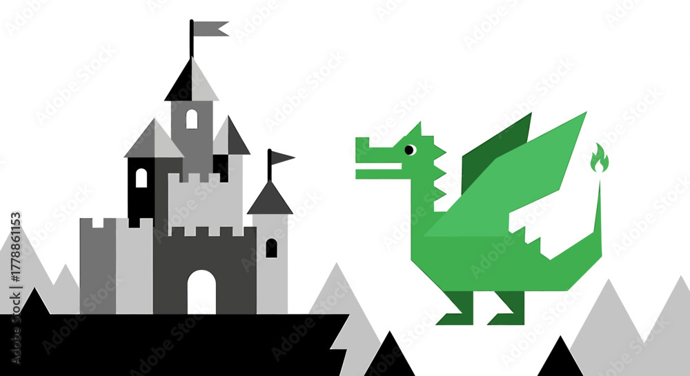 Naklejka premium Green dragon guarding a fairytale castle in a fantasy landscape with mountains
