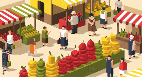 Busy marketplace scene with various stalls and people shopping, creating a vibrant atmosphere