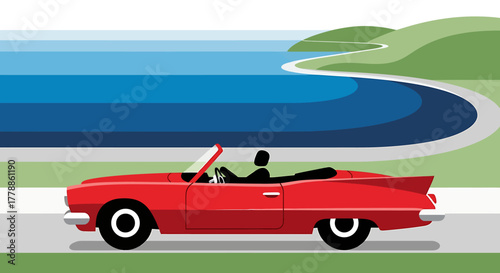 Red Convertible Car Driving Along Coastal Road Illustration