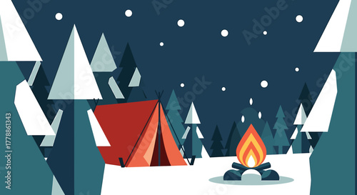 Winter camping adventure with a cozy campfire illuminating a snow-covered forest and a vibrant tent