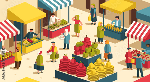 Vibrant isometric illustration of a bustling outdoor farmers market with diverse people shopping for fresh fruit and vegetables