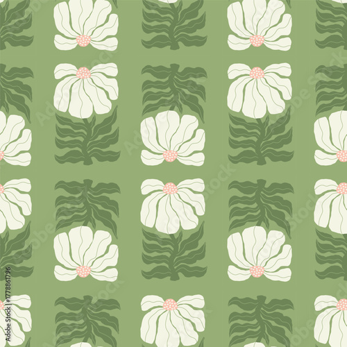 Floral Seamless Pattern. Groovy Abstract White Flower on Green Background. Organic Ornament  in trendy naive retro hippie 60s 70s. Contemporary Folk Art. Vector Illustration. Not AI