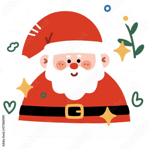 Cute, flat, hand-drawn vector illustration of Santa Claus head and shoulders with sparkling details.