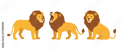collection of varied cartoon lion characters isolated on white background