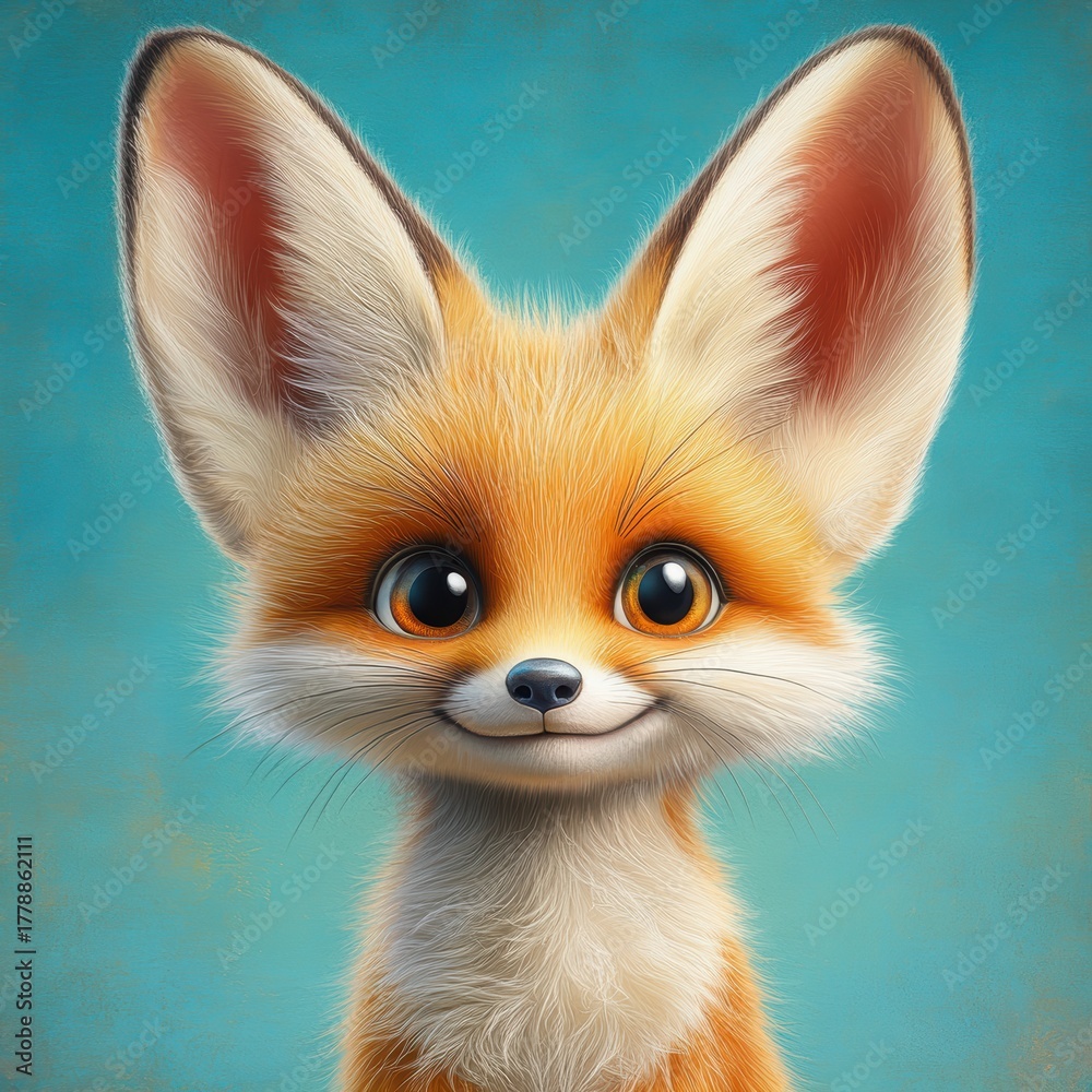 Obraz premium Adorable Cartoon Fox Character with Big Ears and Cheerful Expression on Bright Blue Background