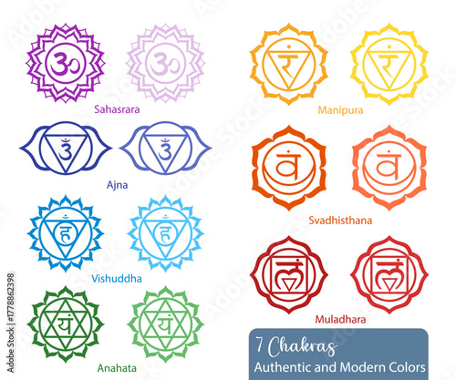 7 Chakra Symbols – Authentic and Modern Color Versions, Yoga and Meditation Vector Set