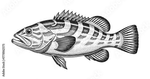 Detailed black and white engraving of a grouper fish with fine line art