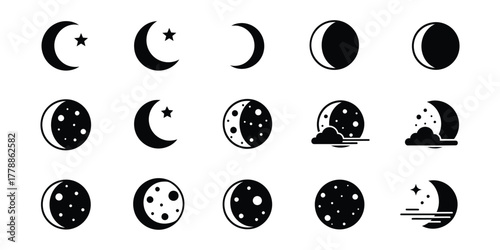 Collection of moon phase icons isolated on white background for astronomy use