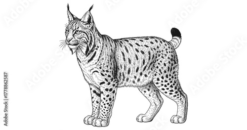 Detailed engraving of a lynx in black and white