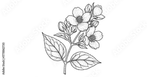 Hand drawn jasmine flowers and leaves in black and white
