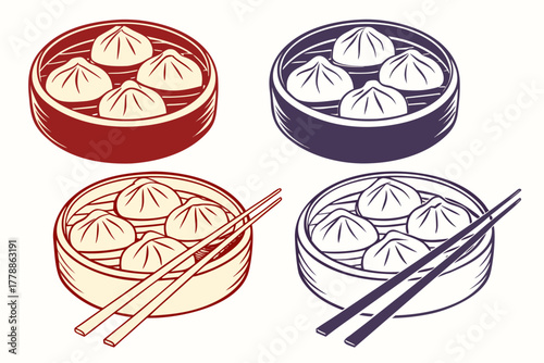 set of Dumpling bowl and chopsticks silhouette vector illustration isolated on white background