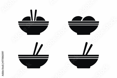 set of Dumpling bowl and chopsticks icon silhouette vector illustration isolated on white background