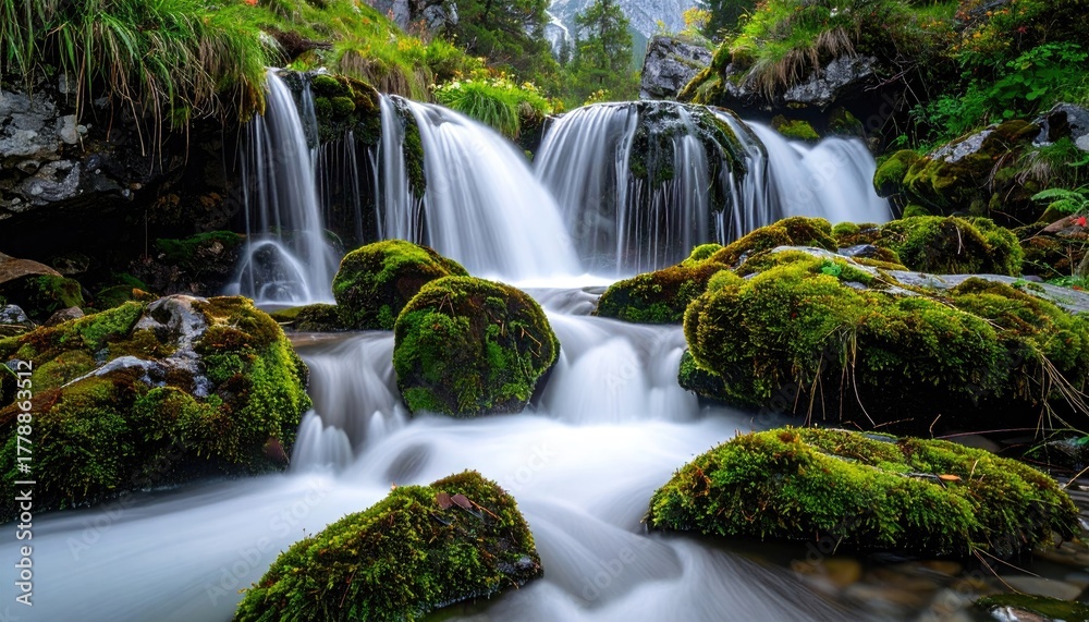 Fototapeta premium Cascading Waterfall Over Moss Covered Rocks With Bright Green Foliage And Sparkling Lights In A Forest During Daylight