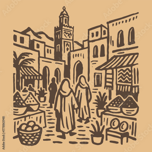 Arabian bazaar street, hand drawn sketch vector illustration