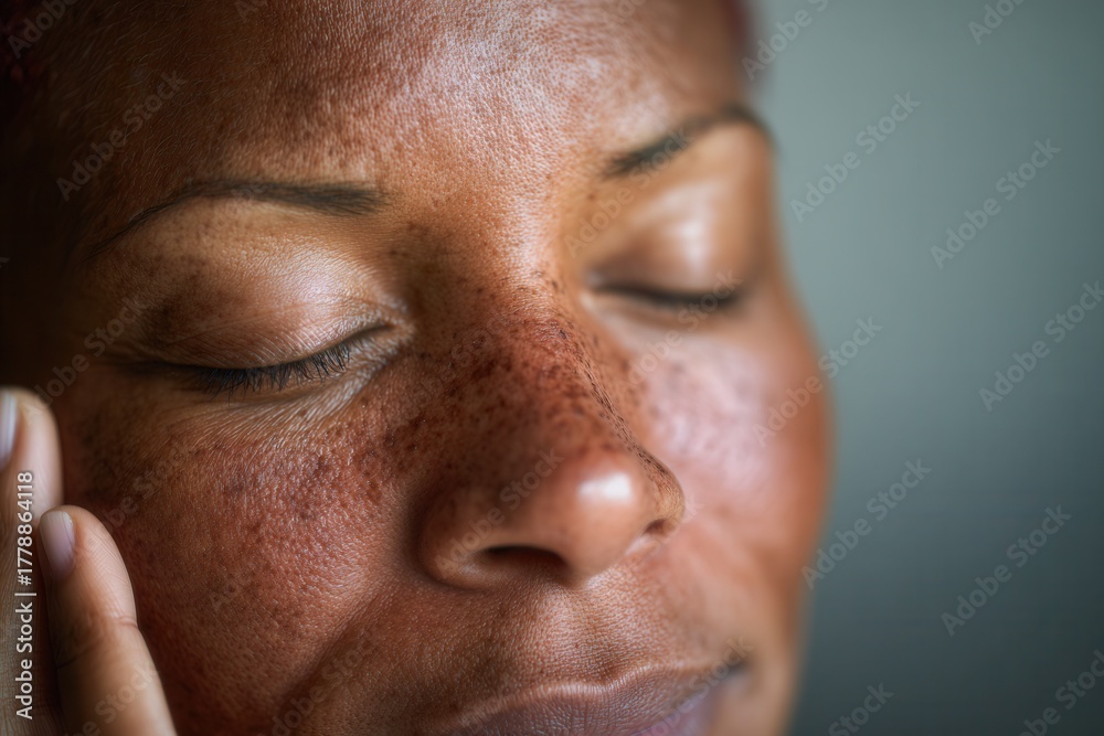 Obraz premium Closeup of a person touching their face softly with closed eyes, expression of self-awareness and rebirth.