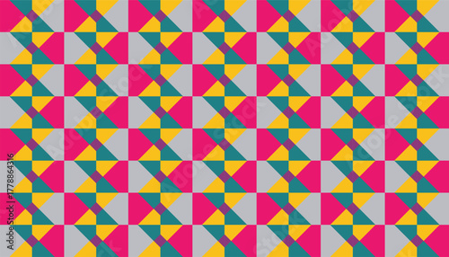 Colorful geometric seamless pattern with pink, yellow, teal, and gray triangles forming abstract symmetrical design. Modern vector background for textile, wallpaper, and digital design