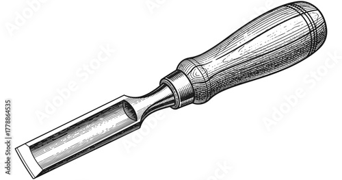 Detailed engraving of a vintage woodcarving chisel with wooden handle