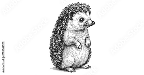 Detailed ink drawing of a standing hedgehog with spiky fur