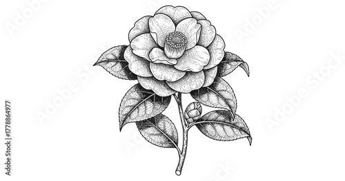 Intricate black and white botanical drawing of a detailed camellia flower