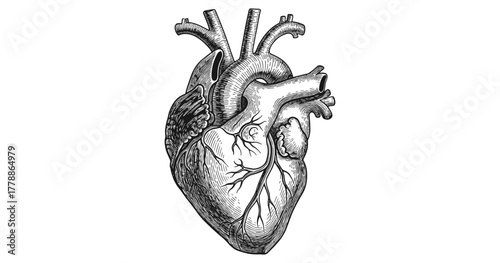 Detailed anatomical heart drawing in vintage black and white style