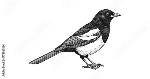 Elegant black and white bird in detailed ink art style