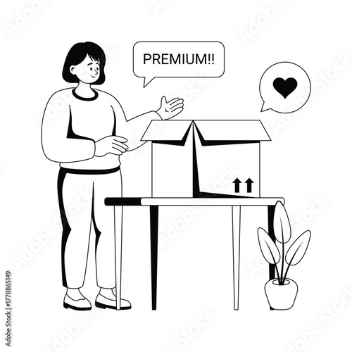 Woman showing premium quality product box, ready to use illustration