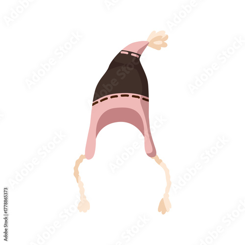 Chullo, winter hat. Wool headwear for cold season. Kids knitted pointed cap with ear flaps and strings. Head accessory in Peruvian style. Flat vector illustration isolated on white background