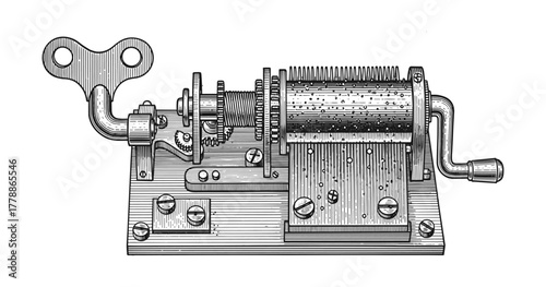 Vintage mechanical music box drawing with detailed engraving and clockwork mechanism elements