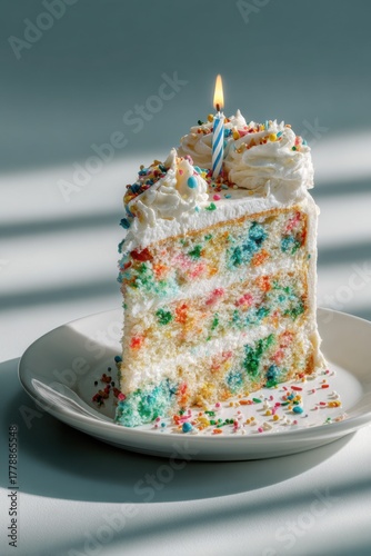 Colorful Birthday Cake Slice with Candle and Sprinkles on Plate