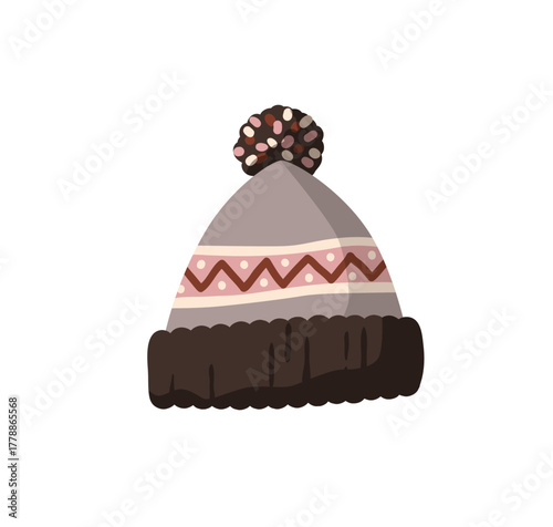 Warm beanie hat, knitted winter cap. Thick soft headwear. Head accessory with pompom, zigzag pattern. Seasonal wool clothing for cold weather. Flat vector illustration isolated on white background