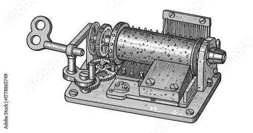 Detailed vintage engraving of a mechanical music box