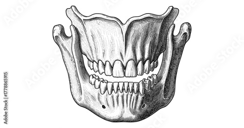 Detailed anatomical drawing of human skull jaw with teeth
