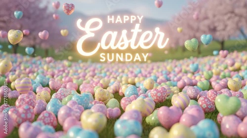Happy easter sunday message with colorful heart shaped eggs and cherry blossoms