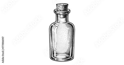Vintage etched glass bottle with cork top on white background