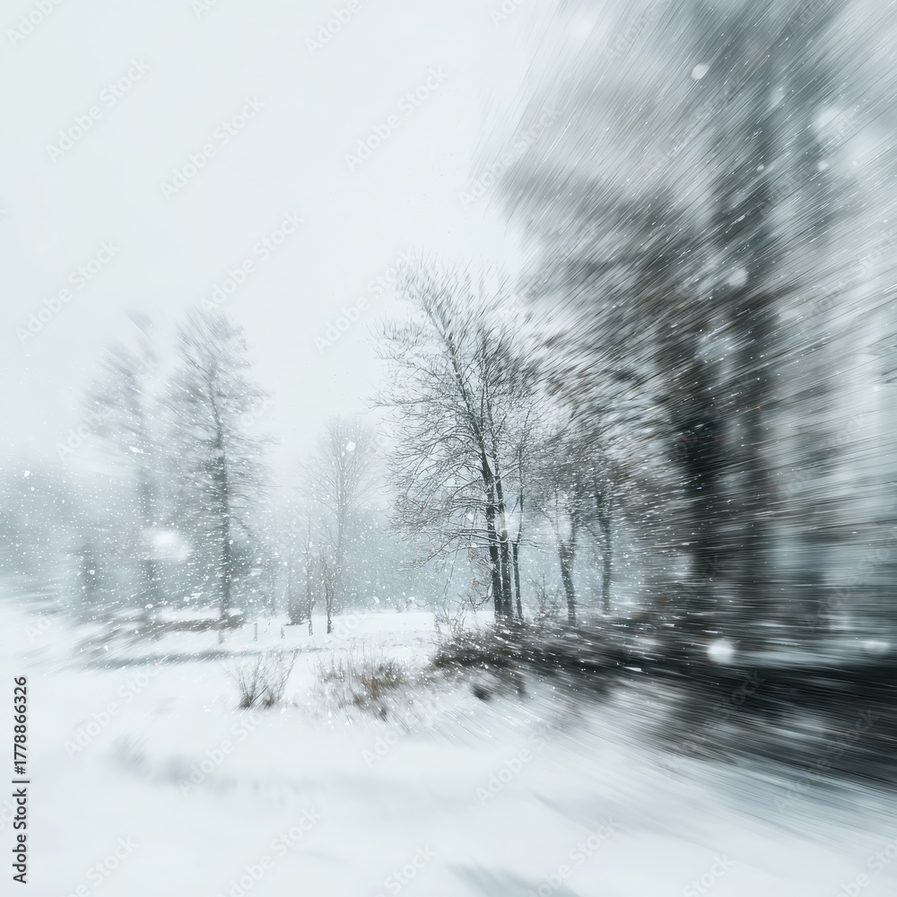 Obraz premium Snowfall creates a blurred landscape of trees and ground in a winter scene during a snowstorm