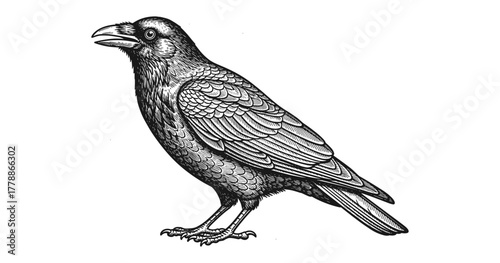 Detailed black and white engraving of a crow on white background