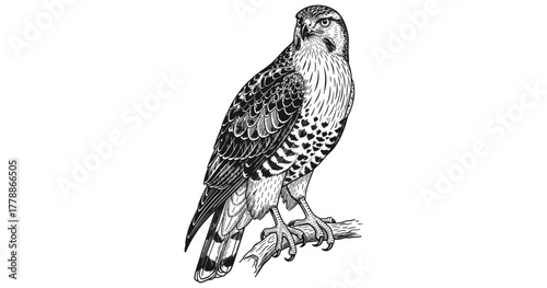 Intricate black and white hawk illustration on branch showcasing detailed feather patterns