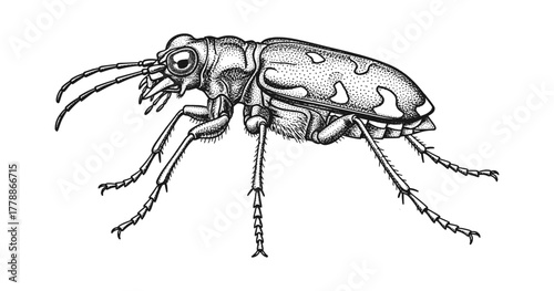 Detailed insect engraving: black and white beetle art