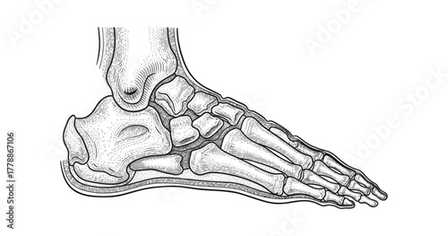 Detailed anatomical sketch of human foot bones with stipple shading