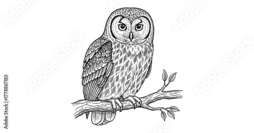 Detailed hand drawn owl on branch with intricate feather patterns