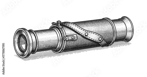 Vintage engraving of a classic telescope with leather strap in black and white
