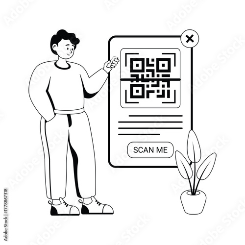 Man scanning QR code for online payment or store offer, Glyph vector illustration