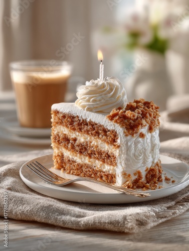 Delectable Slice of Cake with Cream Frosting and Birthday Candle