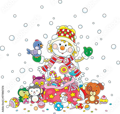 Cute snowman with a small bird and a beautiful sack full of winter holiday gifts with funny toys and sweets for little children, vector cartoon illustration on a white background